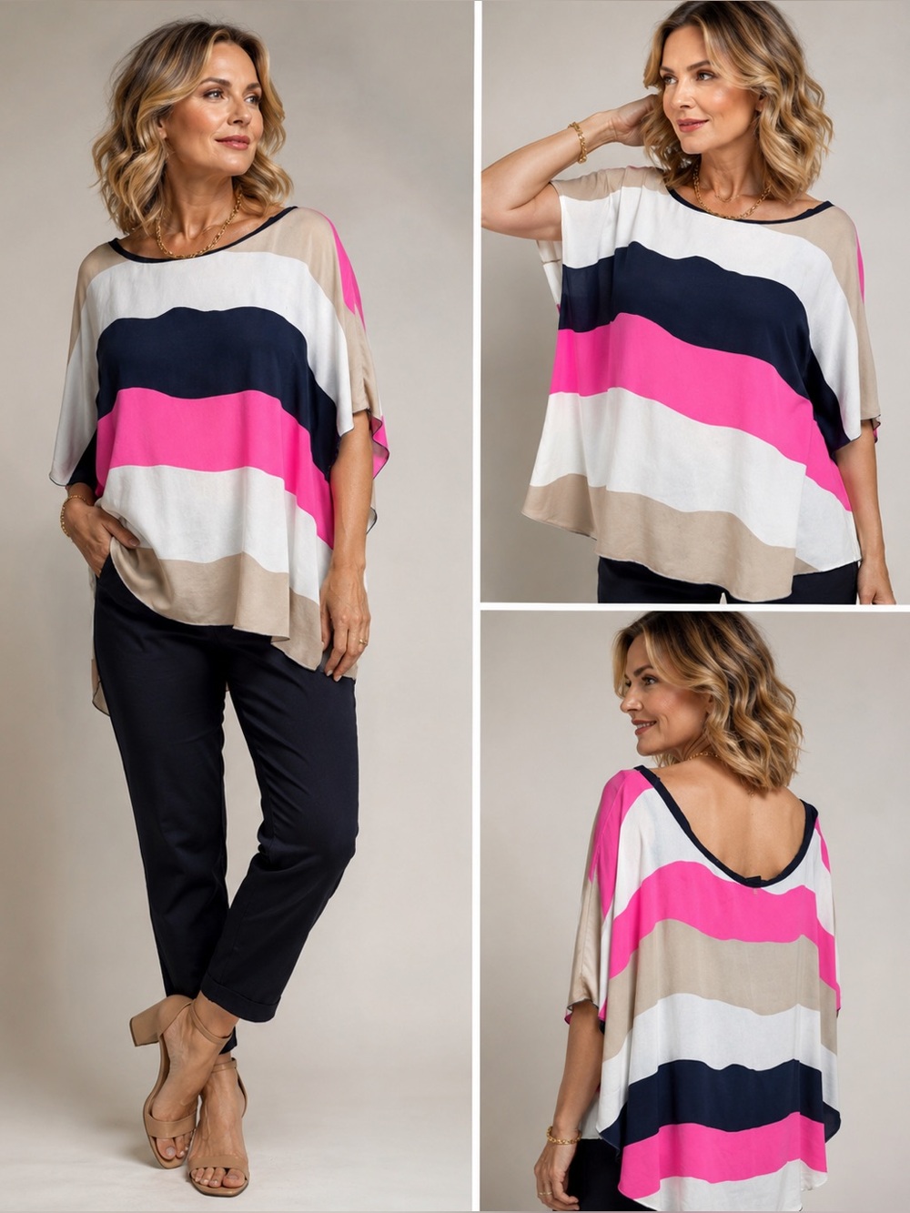 Libian Womens Pink Navy Blue Striped Dolman Sleeve Scoop Neck Blouse Top‎